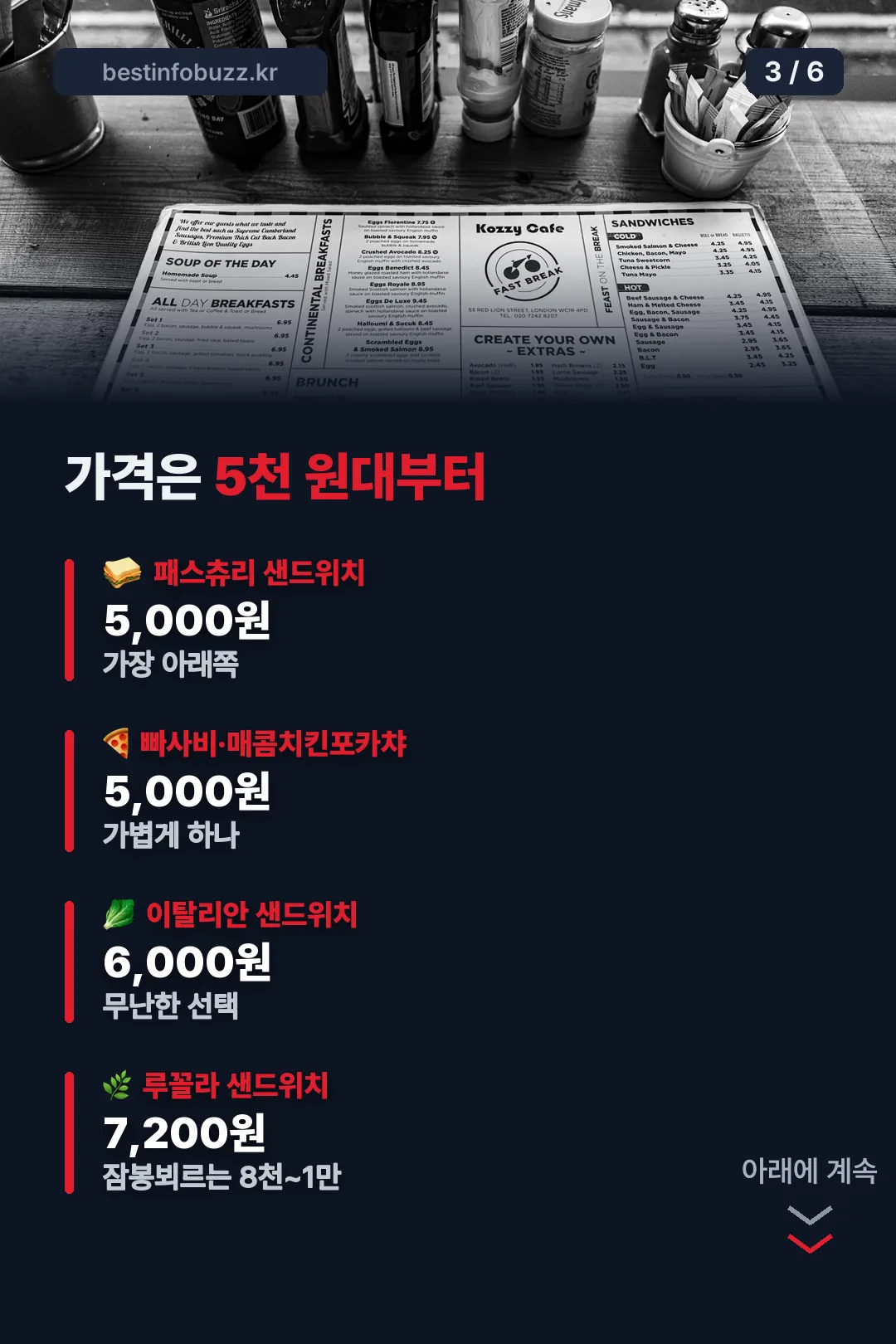 메뉴별 가격표